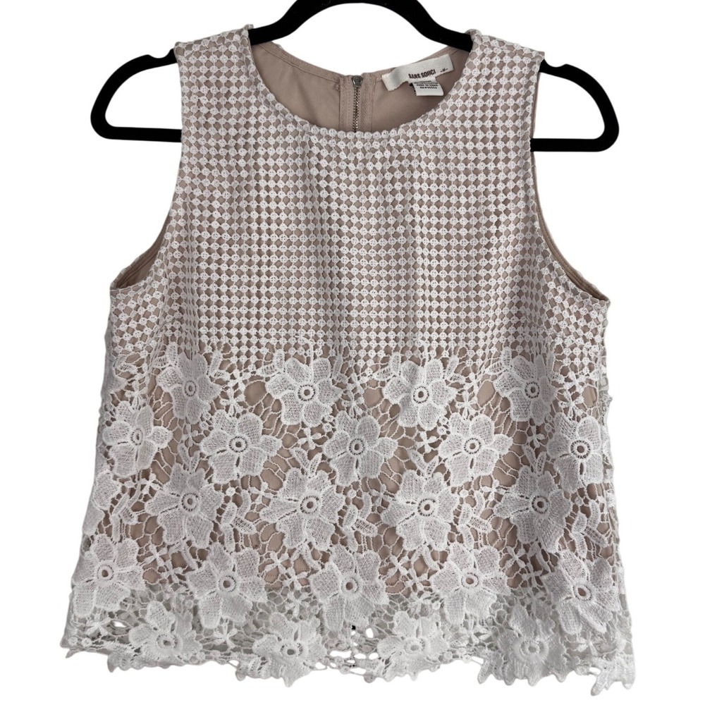 Sans Souci White Tan Floral Lace Sleeveless Crop Top Exposed‎ Zip Back Medium